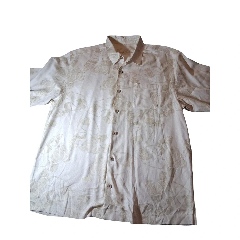 Tommy Bahama Mens XL Silk Short Sleeve Button Down Camp Shirt Beige Leaf Print